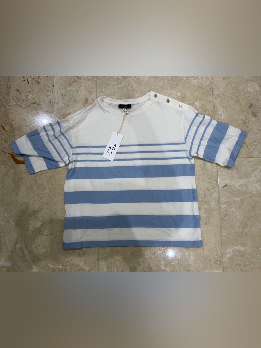 Blue & White Stripe Button-Shoulder Tee